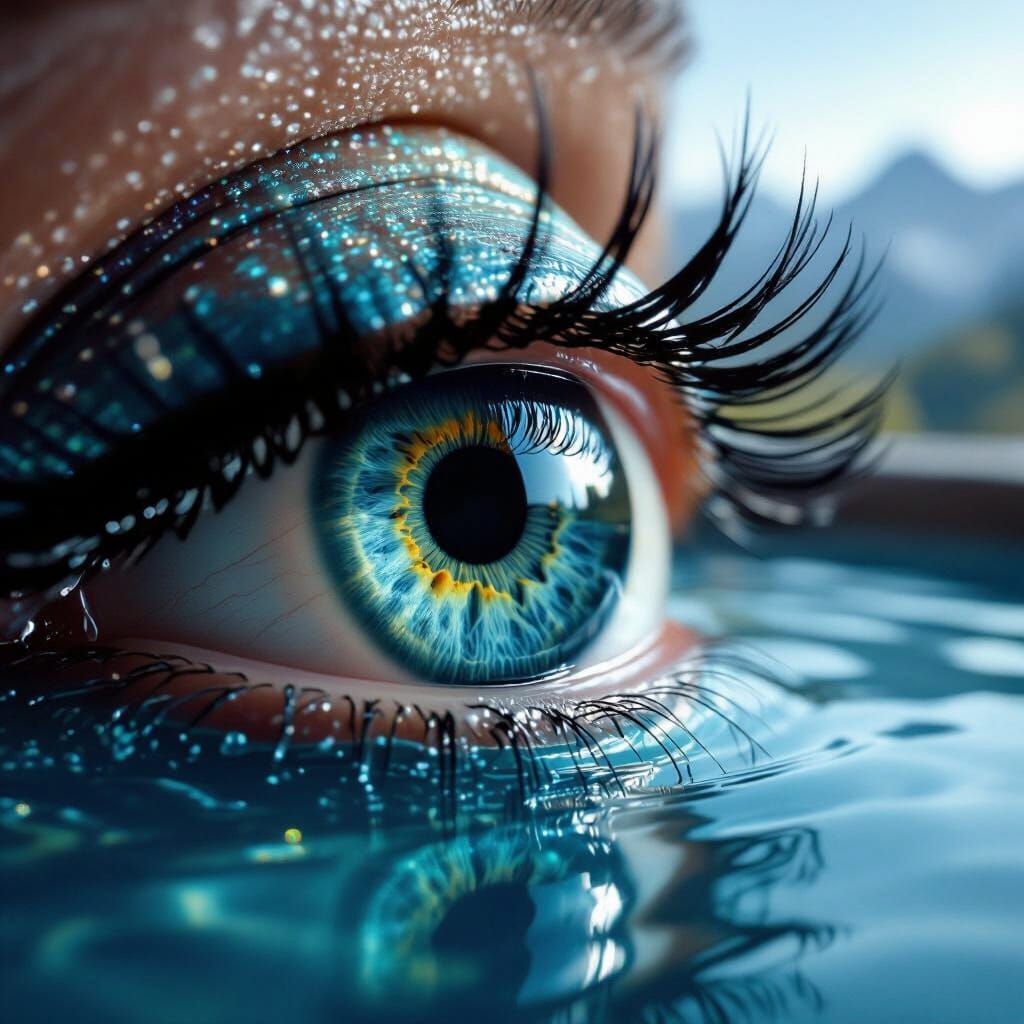 Macro Eye with Swirling Iris and Mountain Reflection