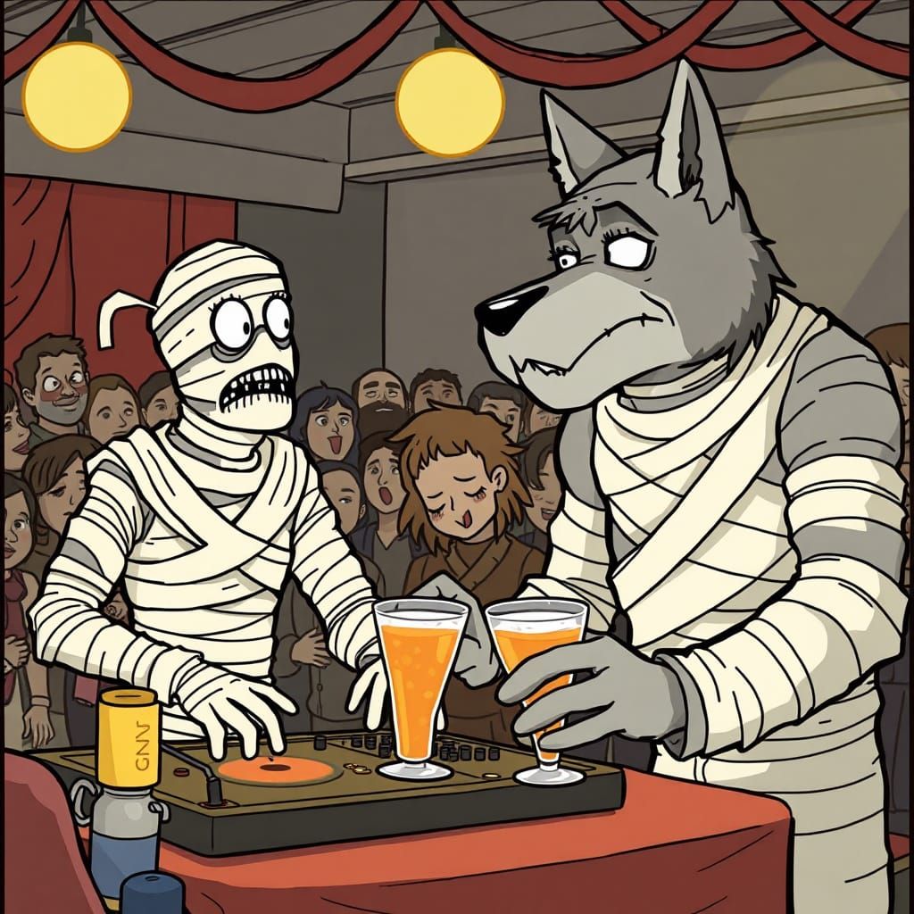 Mummy DJ and Wolfman Cartoon Gin Prank