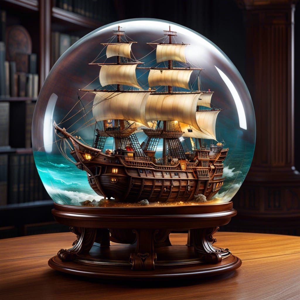 Pirate Ship in Glass Sphere: Fantasycore Artwork