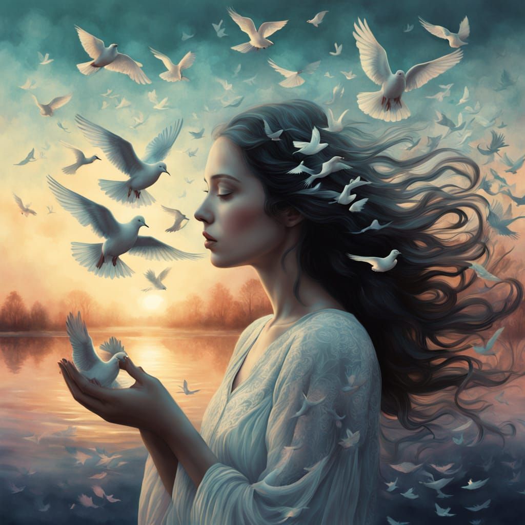 Surreal Water Goddess in Cosmic Harmony with Doves