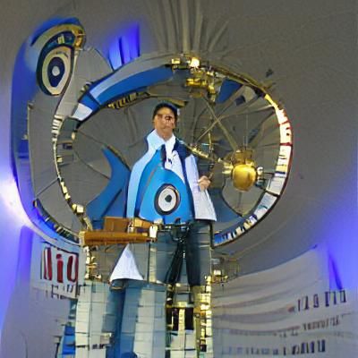 Man with Blue Hair Before a Giant Clock