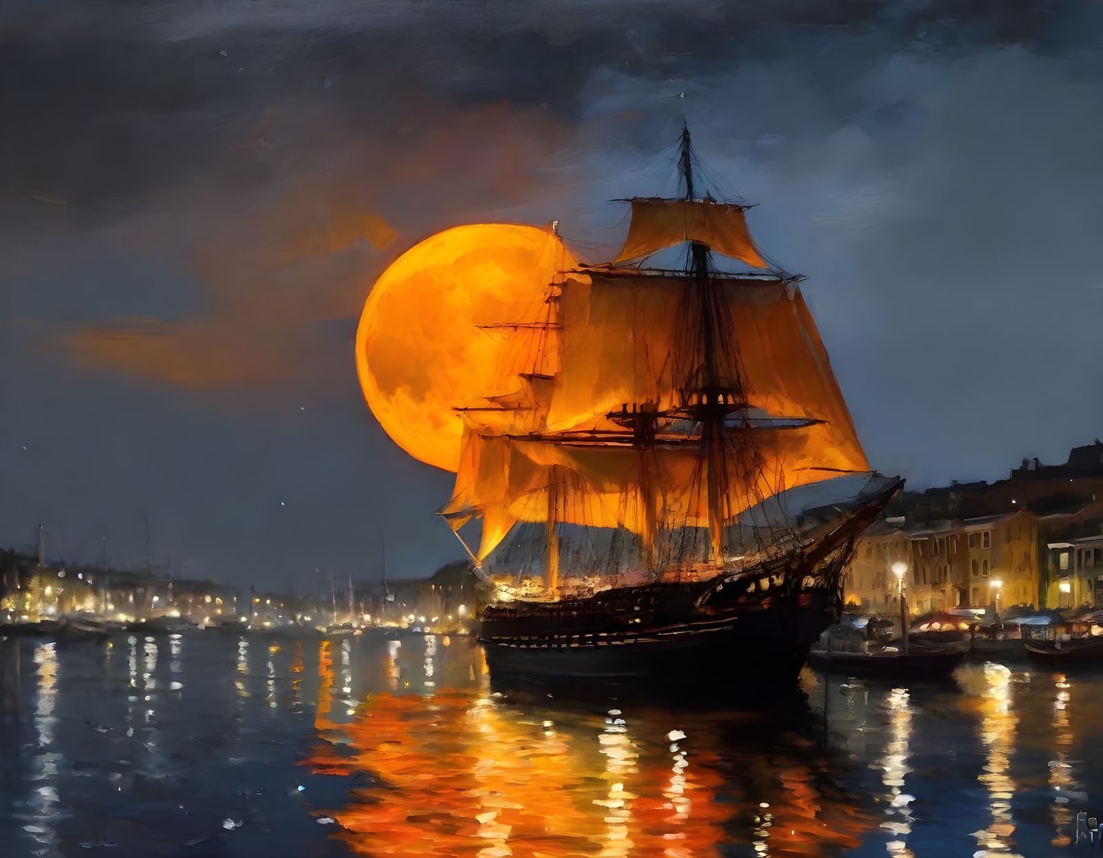 A Peaceful 1700s Port Town at Night with a Majestic Sailing ...