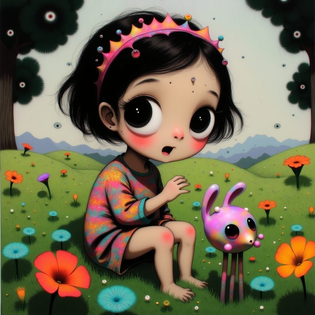 Surreal Whimsy: Girl Among Vibrant, Fantastical Creatures