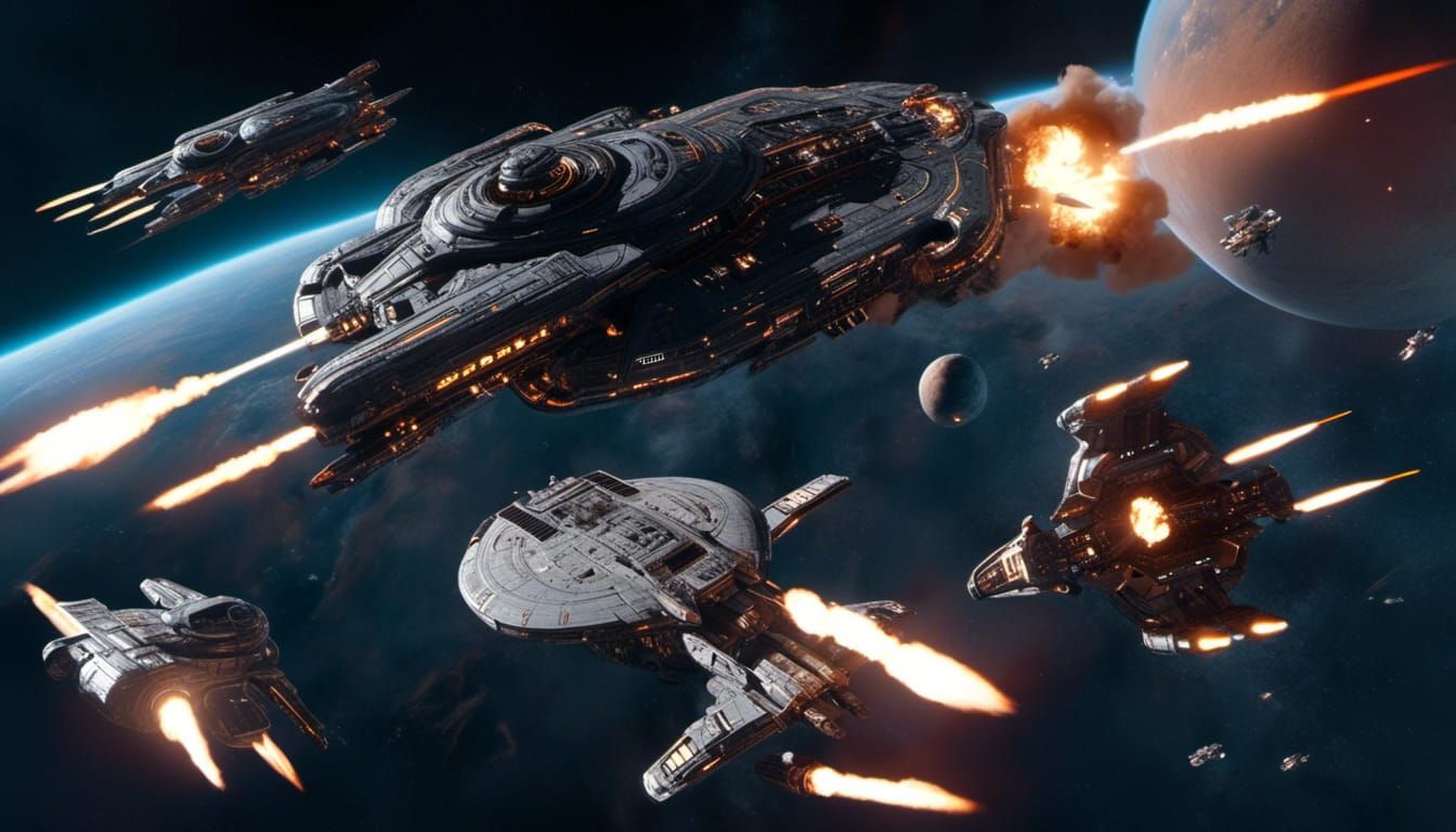 Epic Space Battle with Explosions in Sci-Fi Style