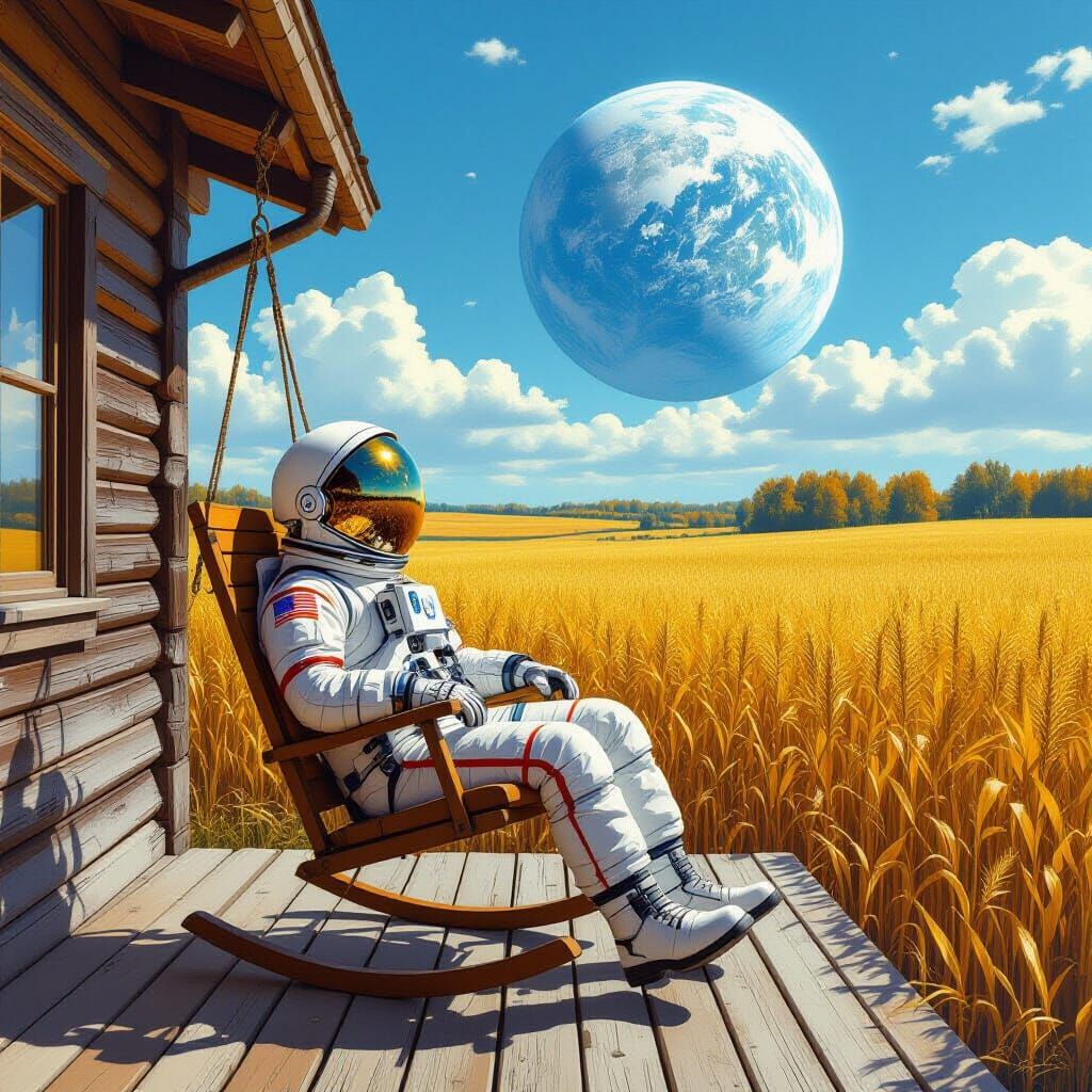 Astronaut Relaxing on Farmhouse Porch with Earth View