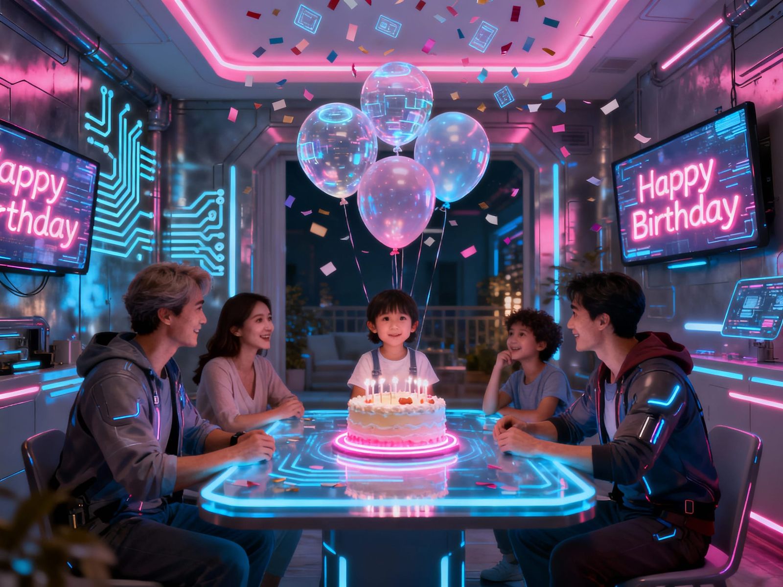 Cyberpunk Birthday Party With Family in Neon House