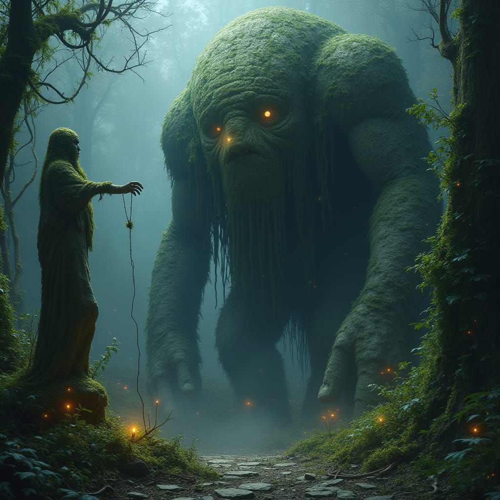 Mossy Stone Golem Guards Ethereal Garden at Twilight