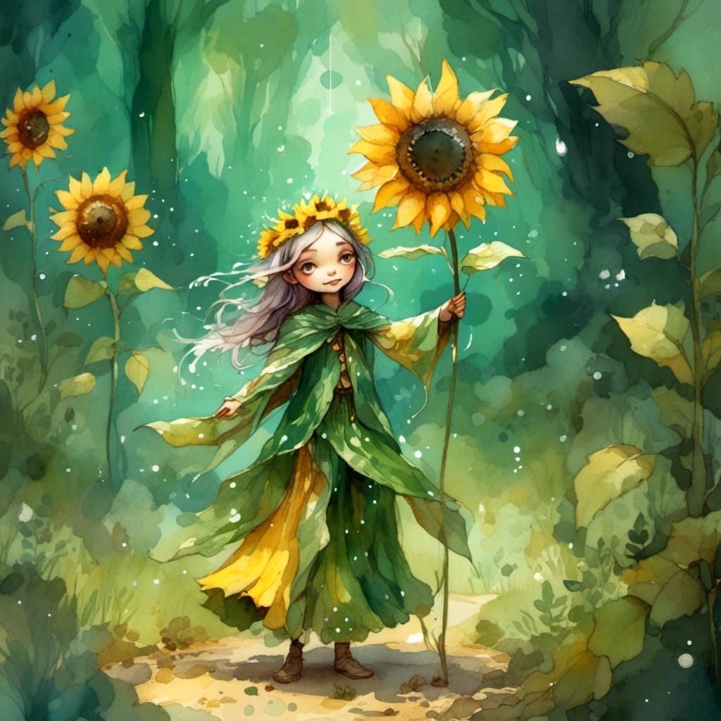 Whimsical Sunflower Wizard in Magical Forest