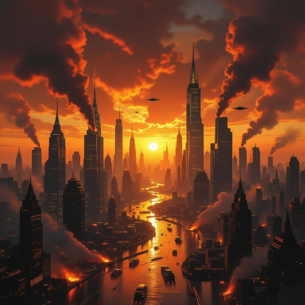 Dystopian City Engulfed in Molten Gold