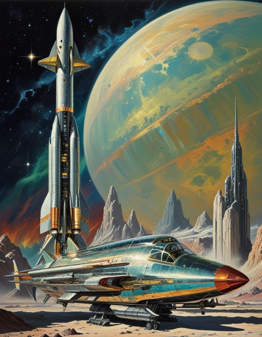 1950s Sci-Fi Rocketship in Space as Oil Painting