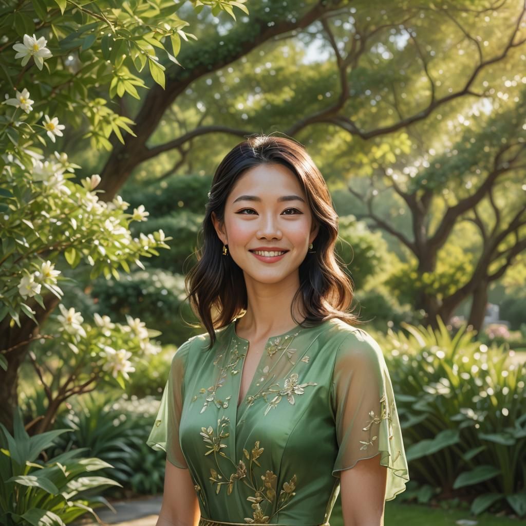 Asian-American Woman Portrait in Serene Garden