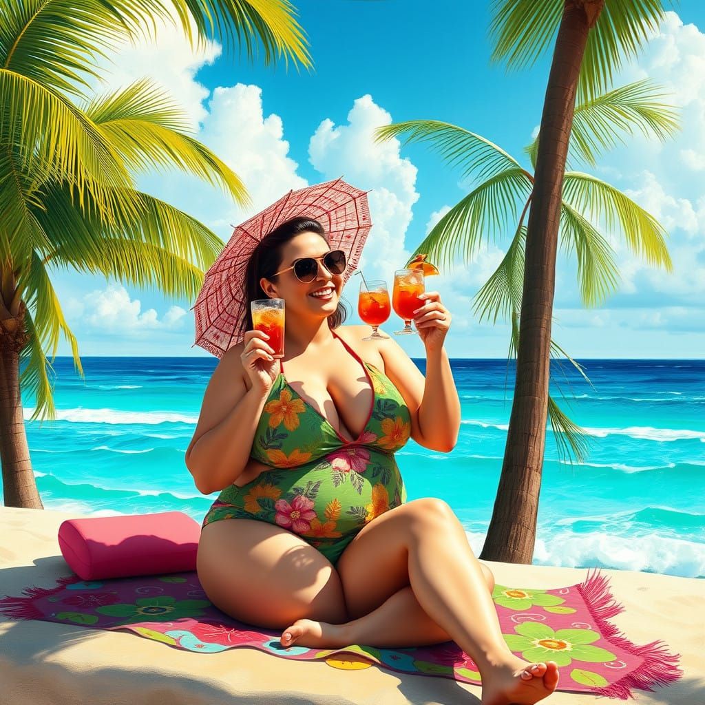 Happy woman on vacation on beachfront sipping cocktails