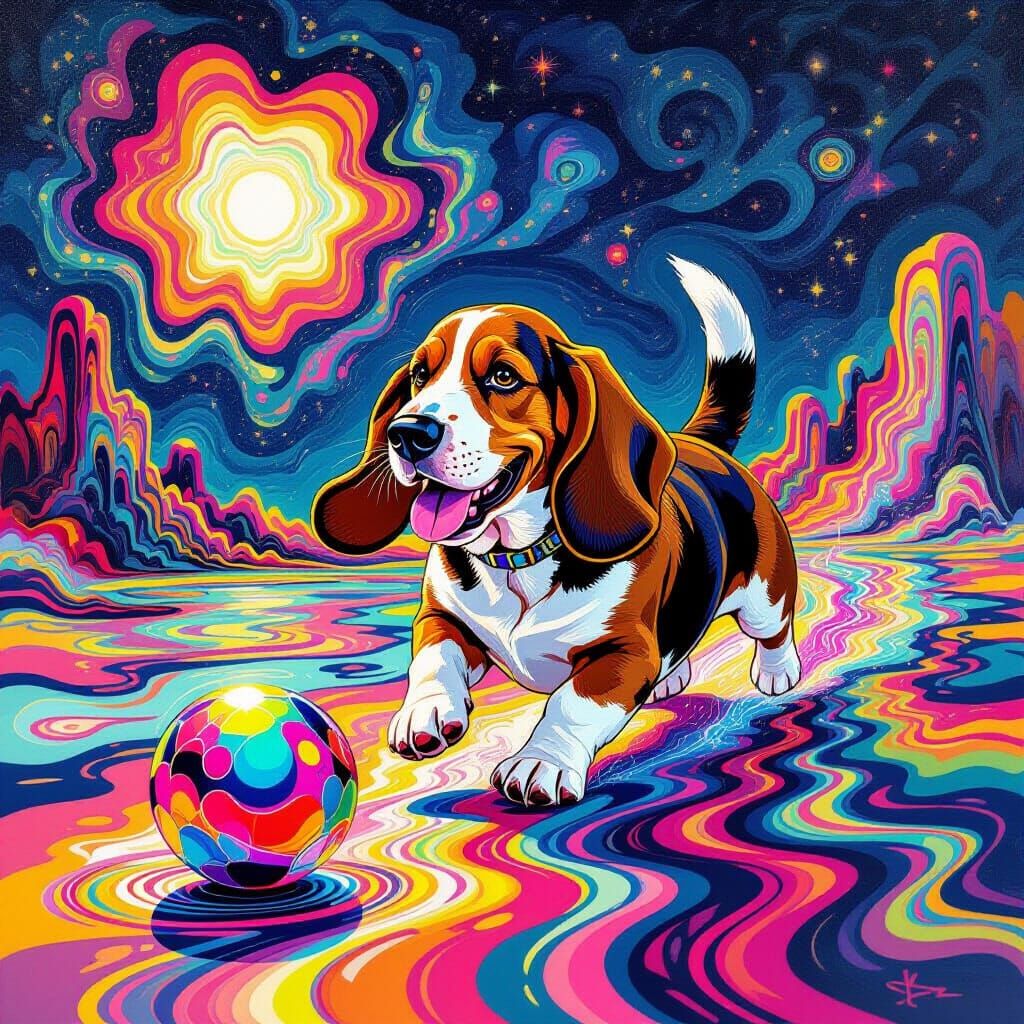 Psychedelic Basset Hound Chasing Distorted Ball