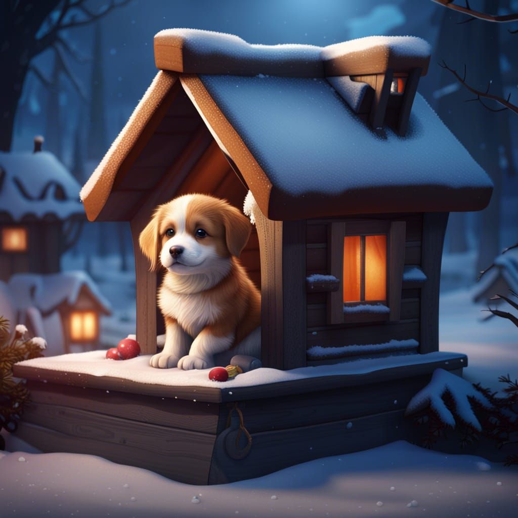 Cute Puppy in Dog House, Matte Painting