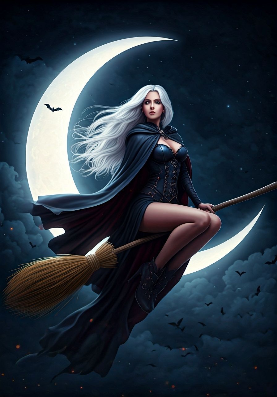 Witch on Crescent Moon with Bats