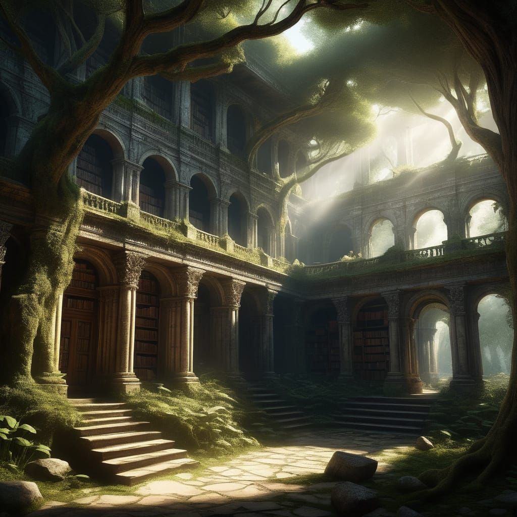 Ancient Druid Library Overgrown With Books and Sunlight