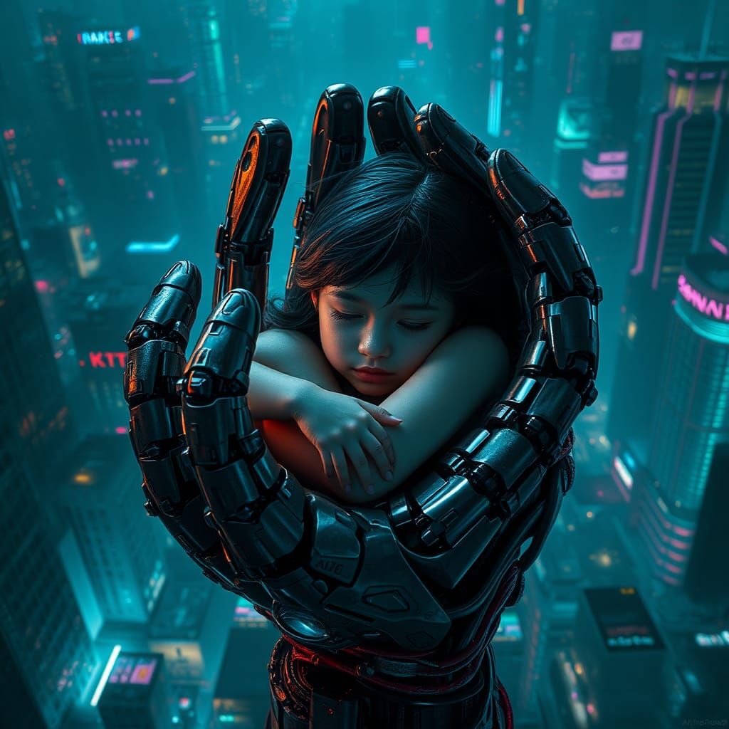 Girl in Cyborg Hand, Cyberpunk Cityscape Art