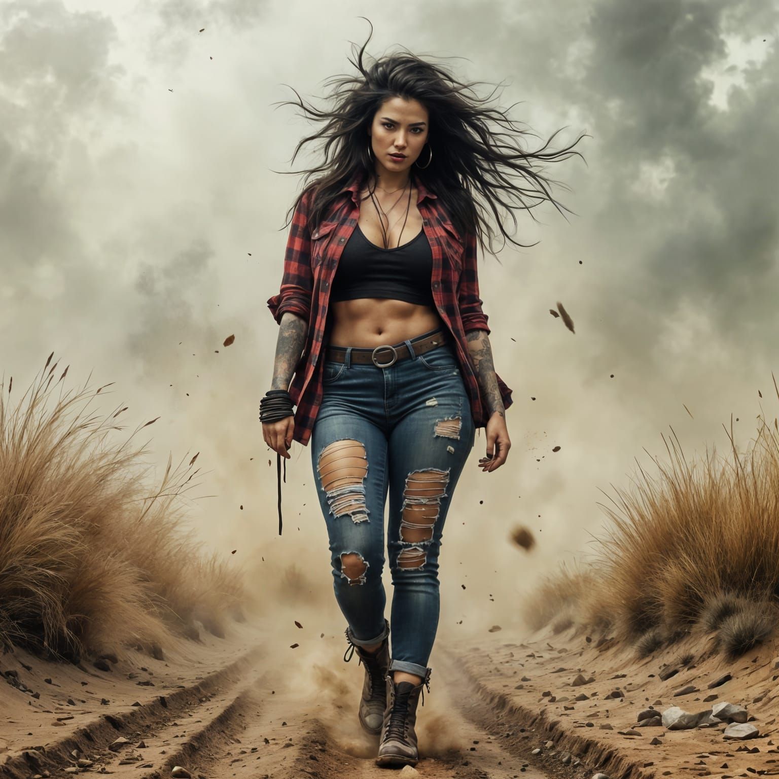 Grunge Punk Woman Walks Through the Desert Storm