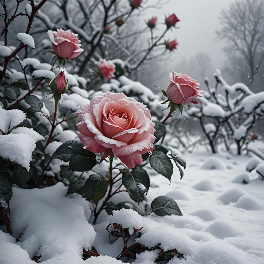 The delicate petals of a rose peek out from a blanket of sno...