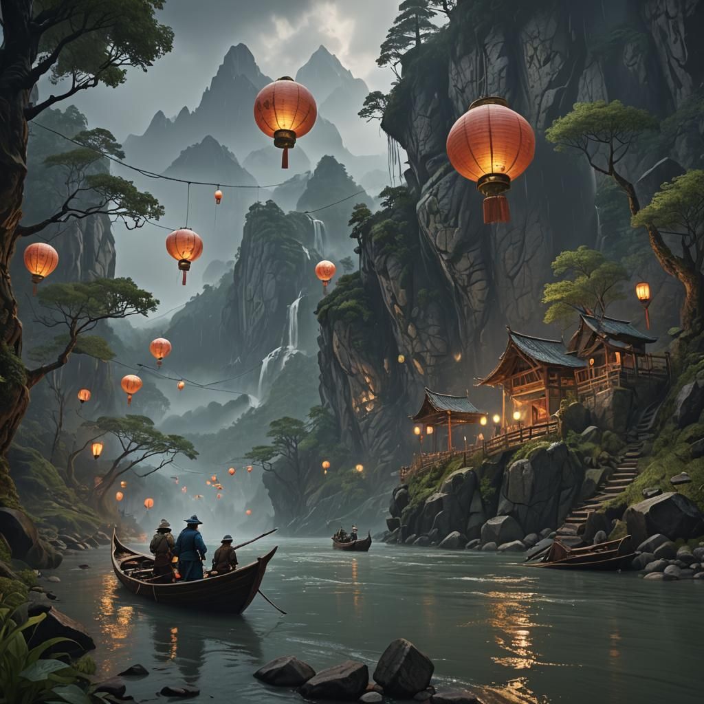 Rainy River Journey with Lanterns in Detailed Matte Painting