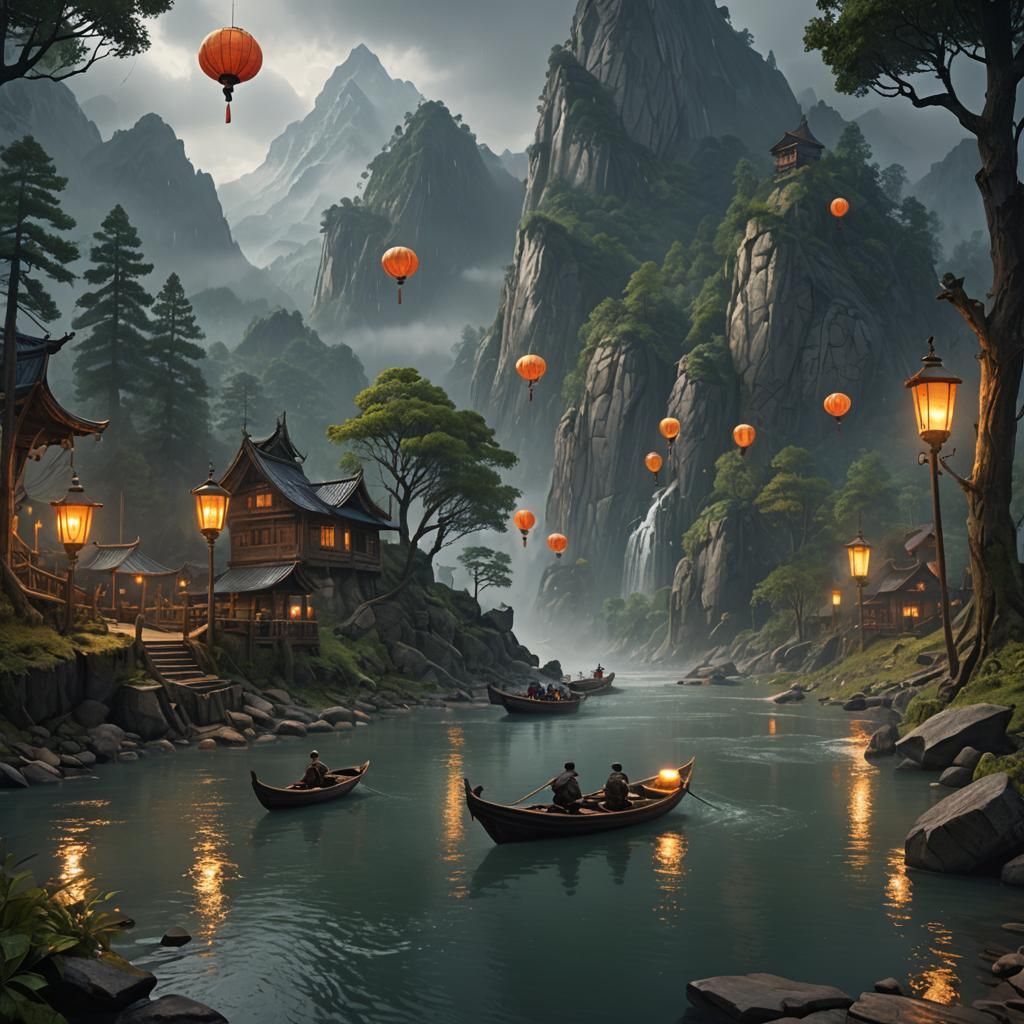 Rainy River Journey with Lanterns in Detailed Matte Painting