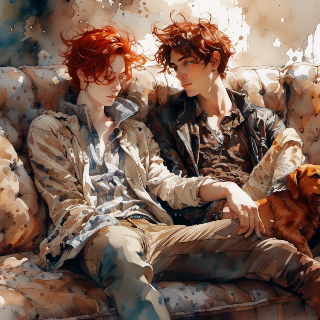 Two Young Men Cuddling: Digital Watercolor