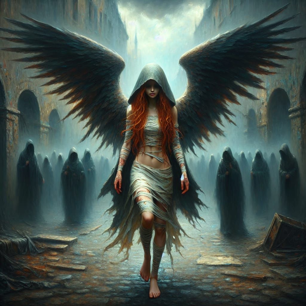 Winged Woman in Gloomy Alleyway: Oil Painting