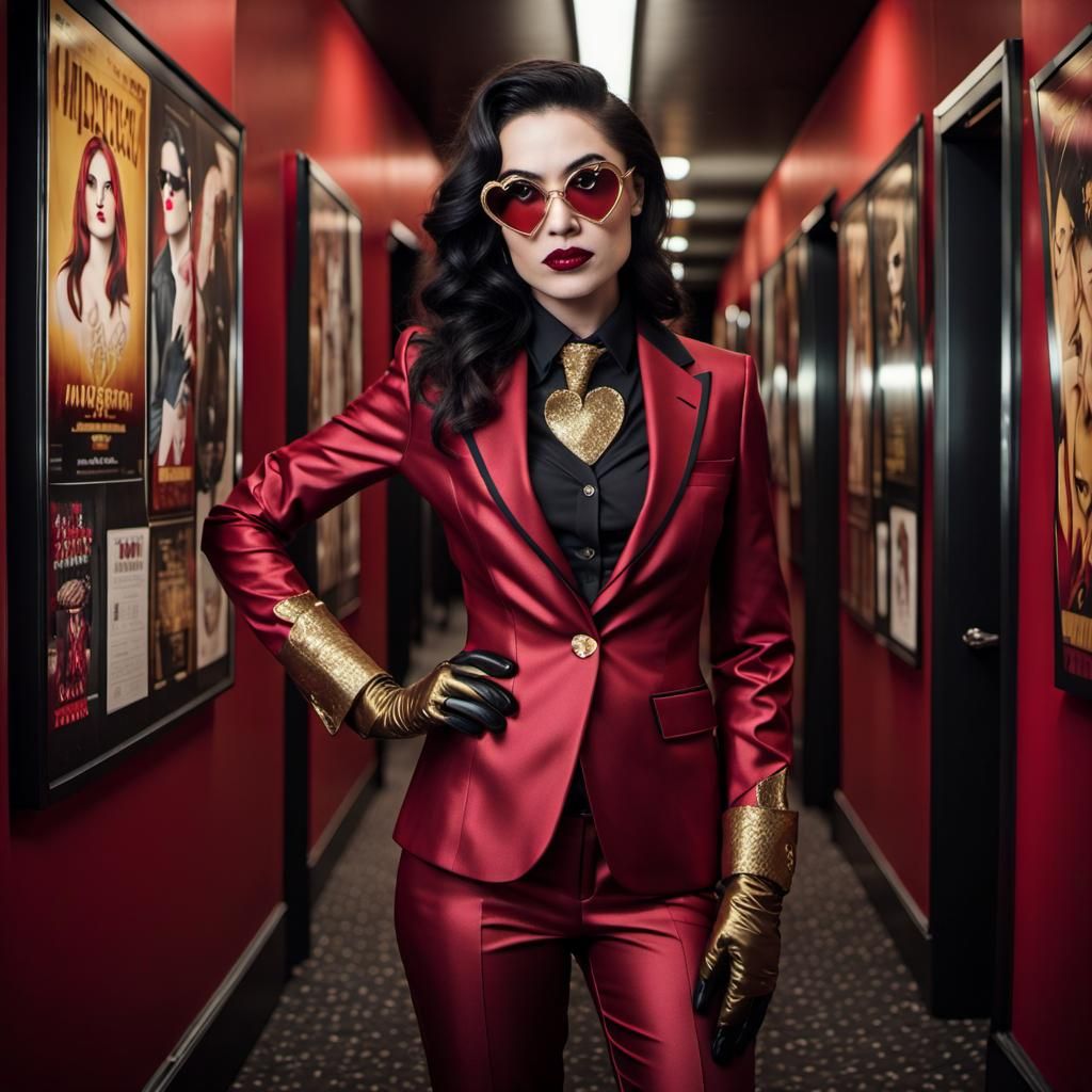 Goth Woman in Crimson and Gold Business Suit