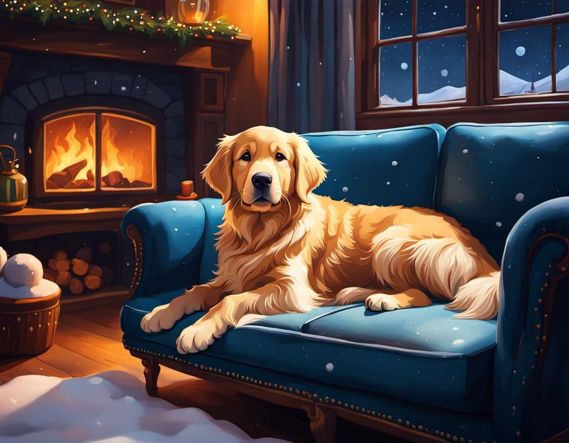 Cozy Living Room with Golden Retriever Puppy