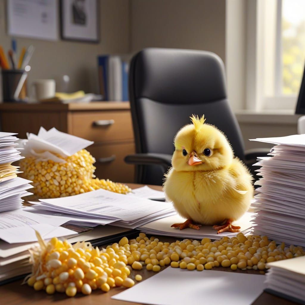 Cranky Cartoon Chick Overwhelmed in Cluttered Office