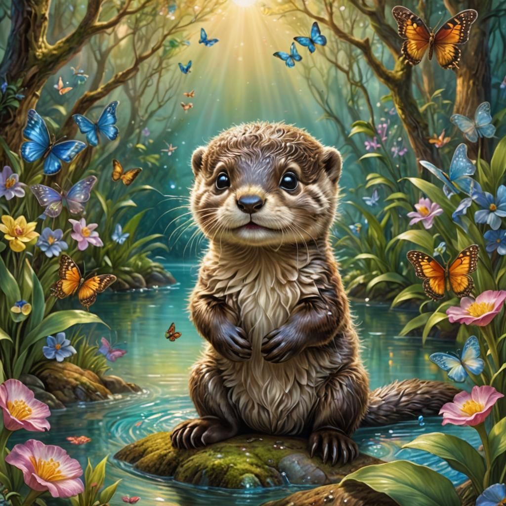 Playful Otter and Butterfly in Fairytale Lagoon