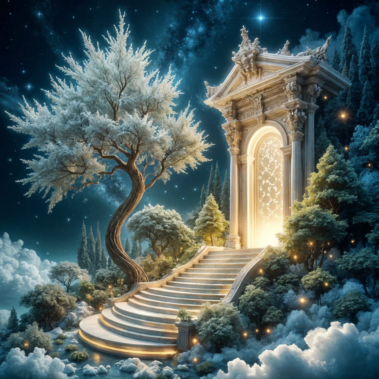 Ethereal Staircase to Archway in Dreamlike Landscape