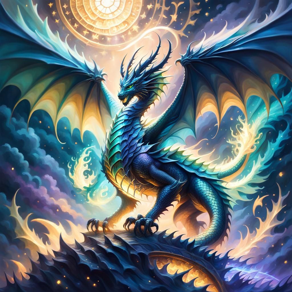 Mystical Dragon with Glowing Glyphs in Oil Painting Style