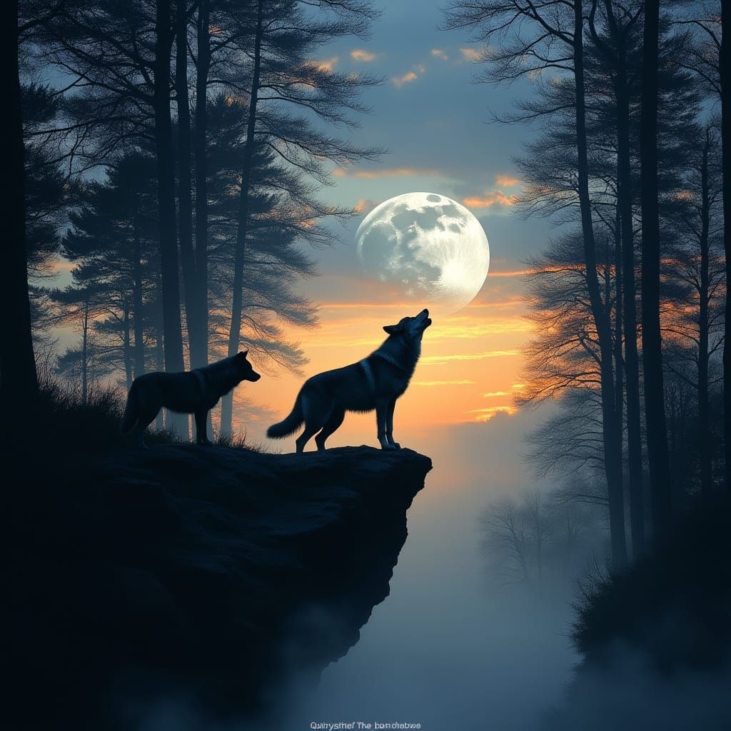 Wolf's Haunting Moonlit Vigil in a Maximalist Digital Painti...