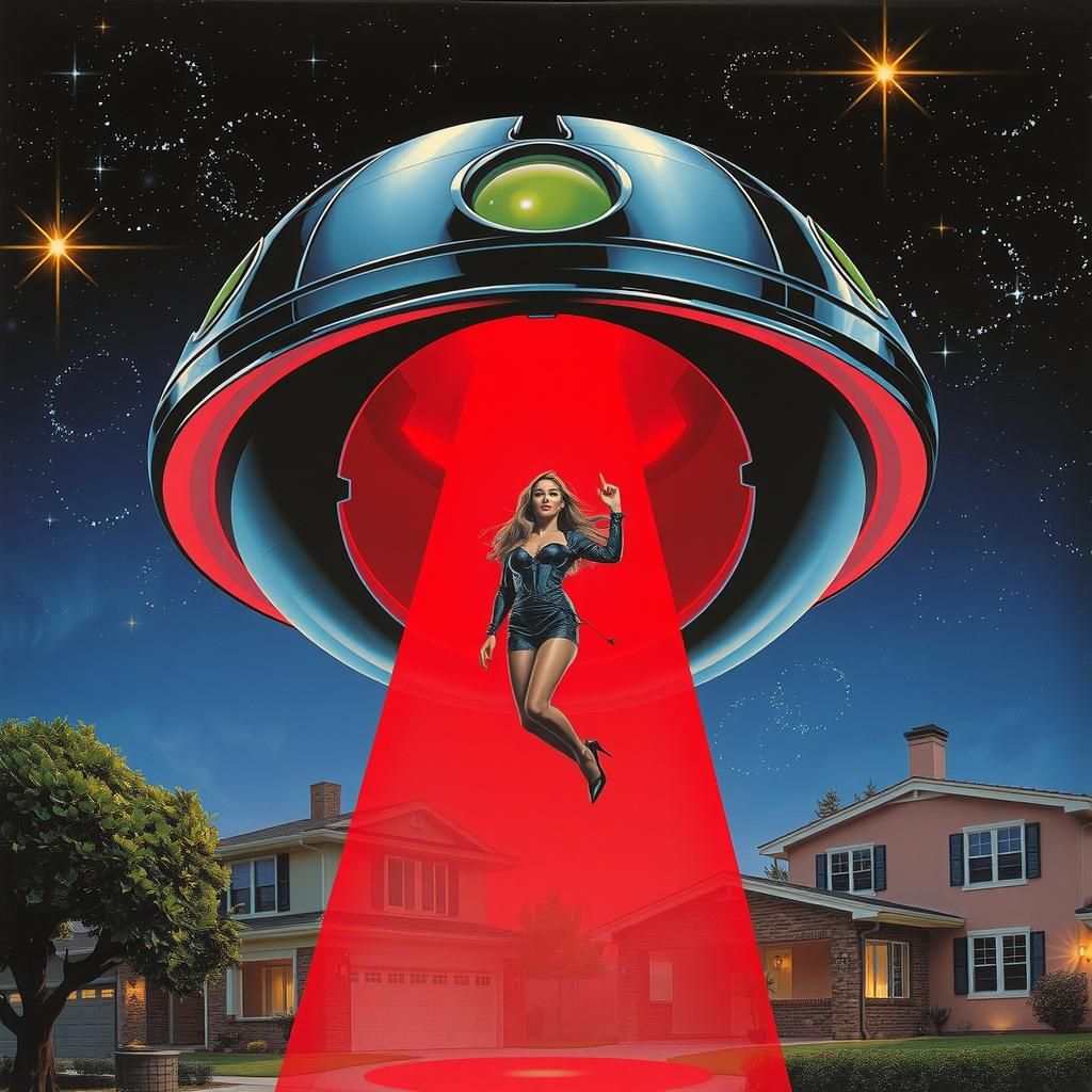 Chrome Smiley Face UFO Abduction in Cyberpunk Style