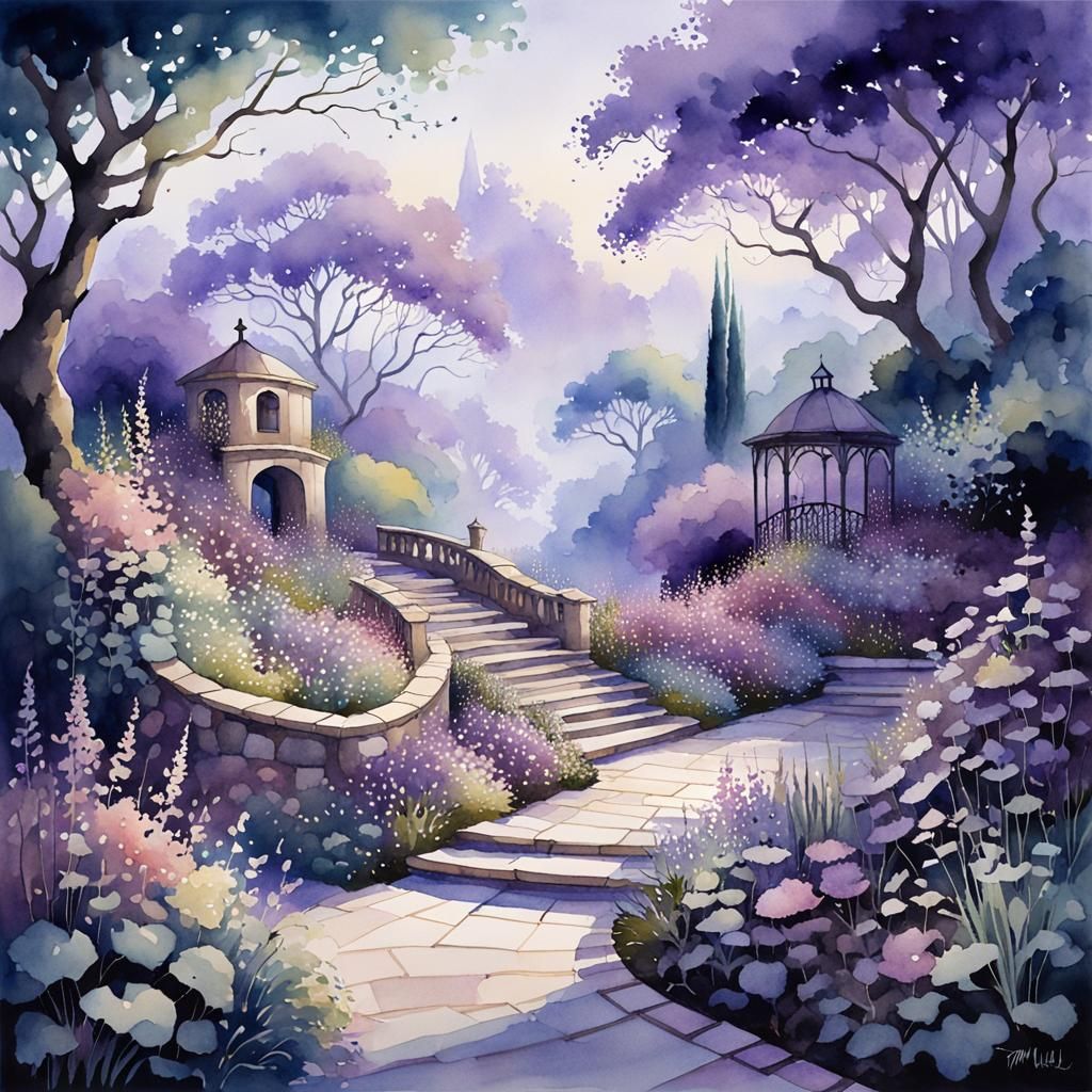 Enchanted Garden Scene in Watercolor Fantasy Art