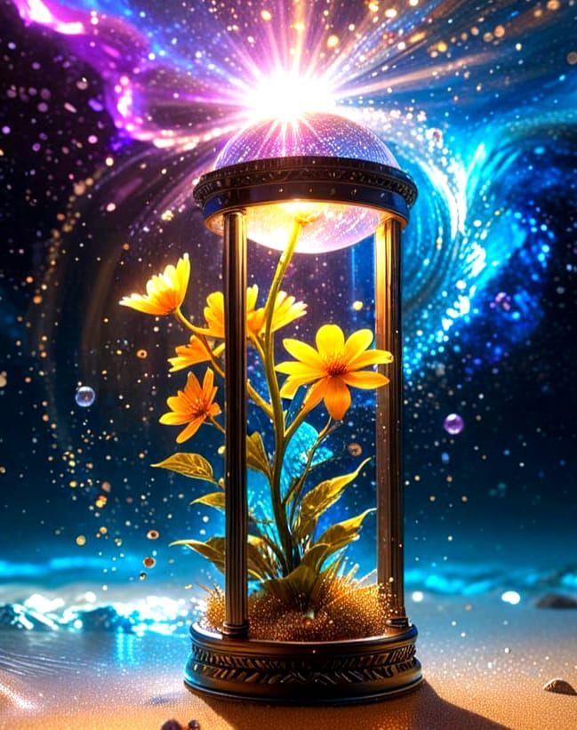 Surreal Cosmic Snowglobe with Radiant, Iridescent Fibers