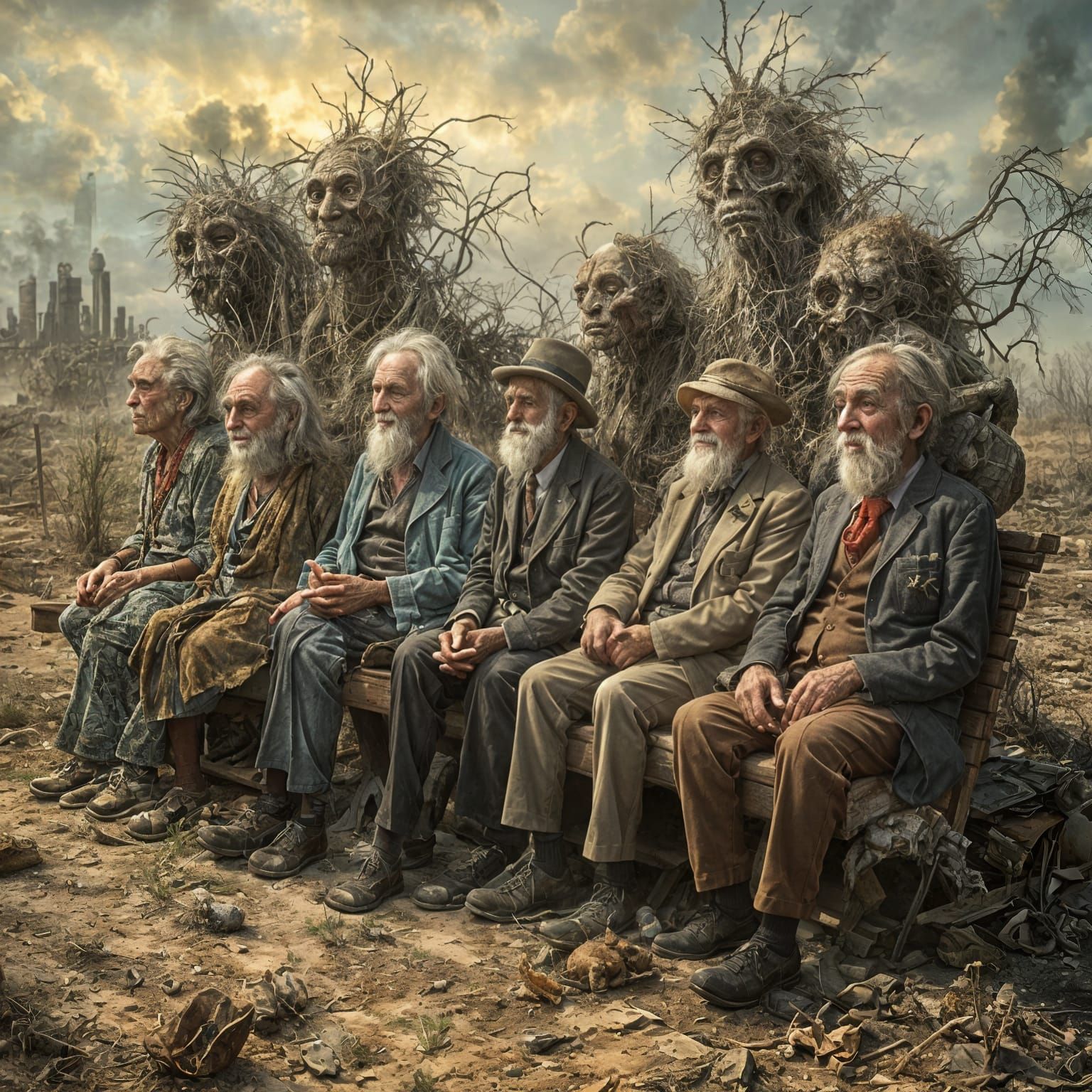 Surreal Desert Scene with Elderly People