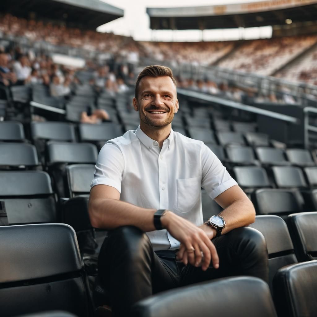 Joyful Slavic Man in Stadium: Photorealistic Portrait