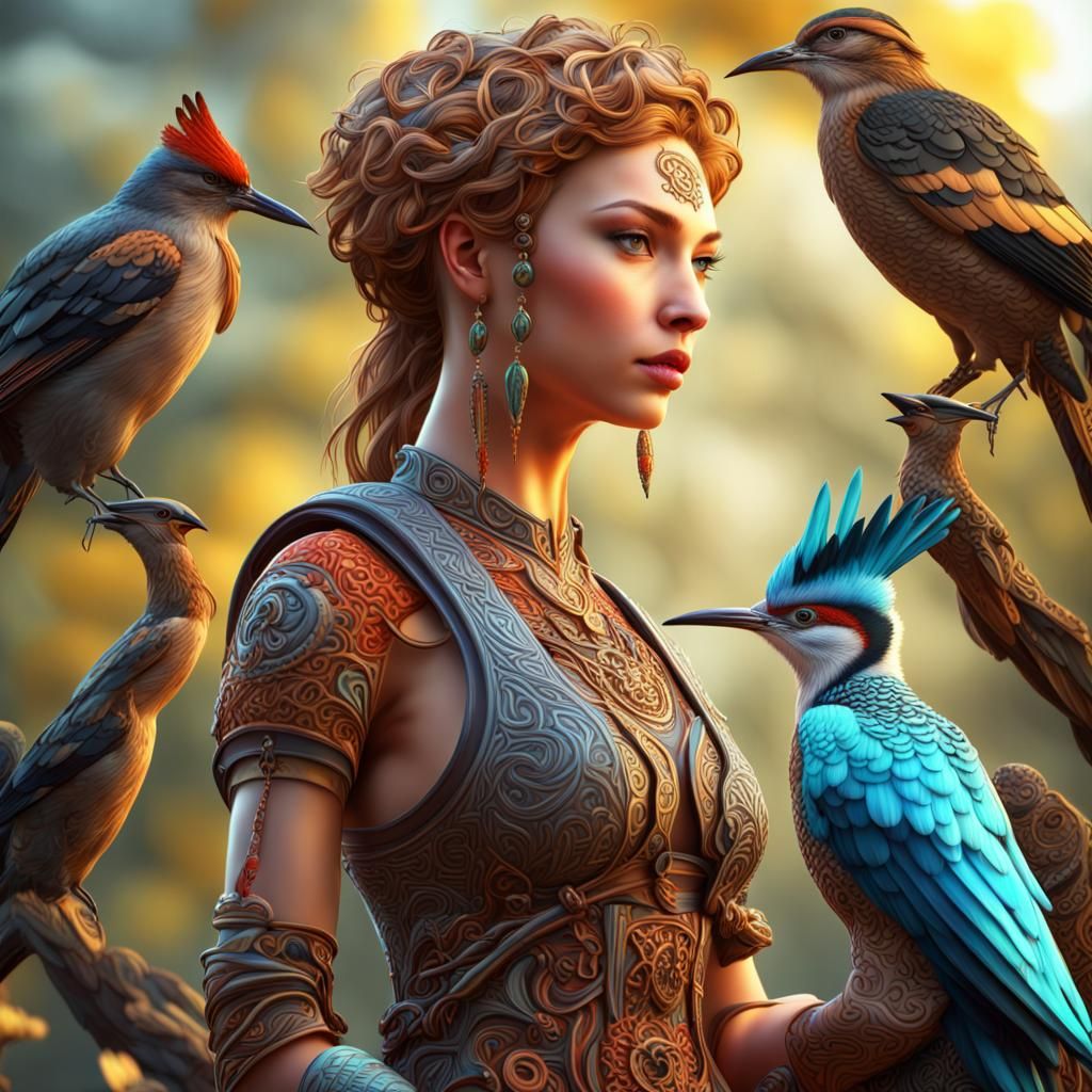 Girl with Woodpecker and Hoopoe in Celtic Style