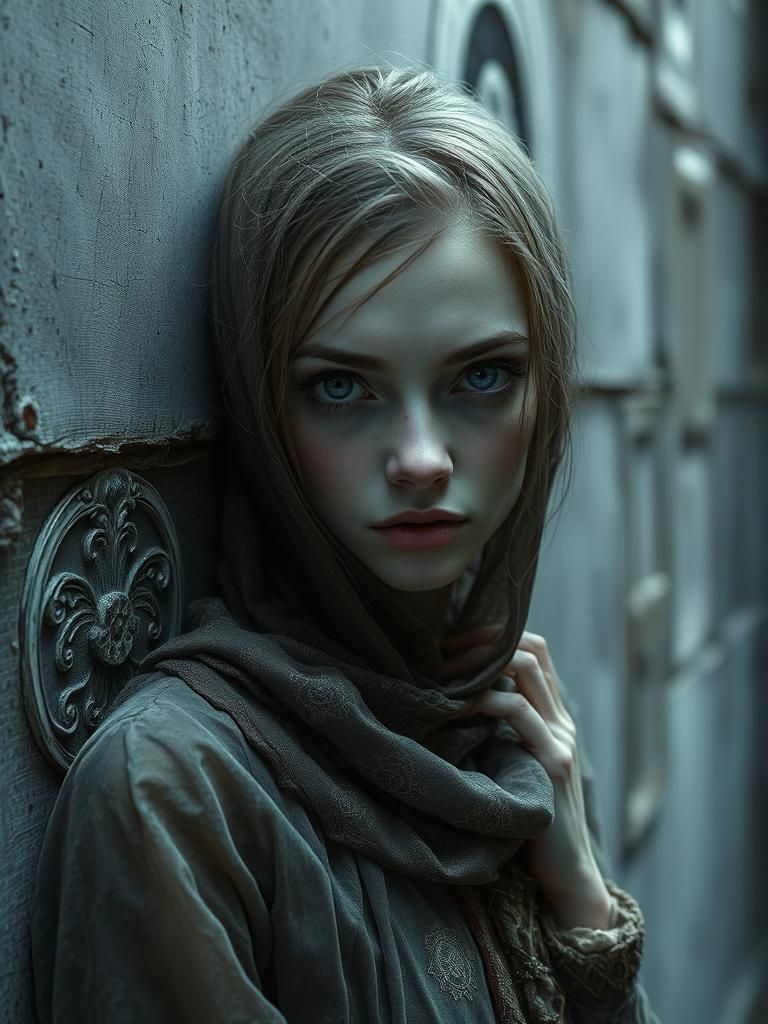 Melancholic Woman Dissolving into Byzantine Wall