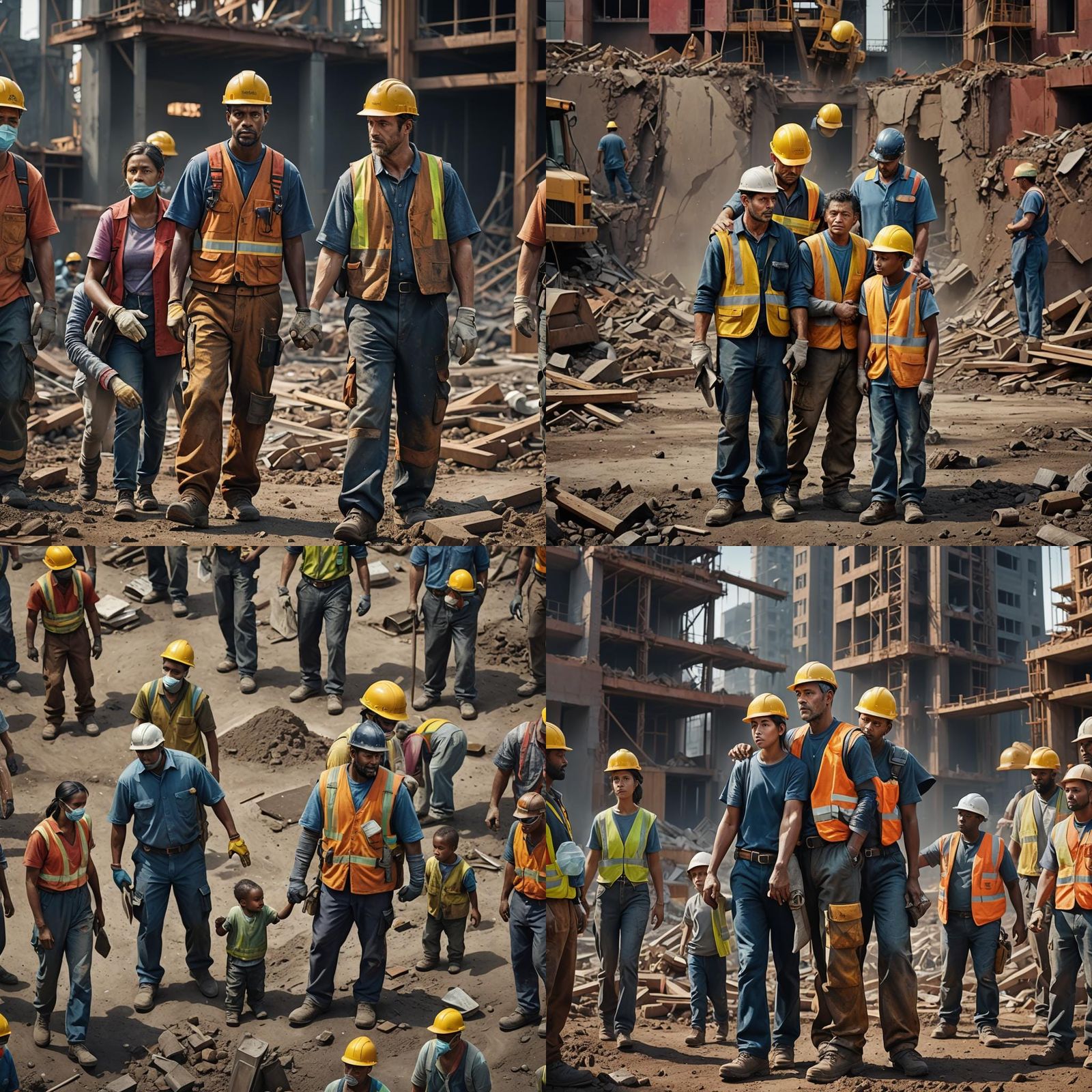 Construction Worker with Family: Hyperrealistic Matte Painti...