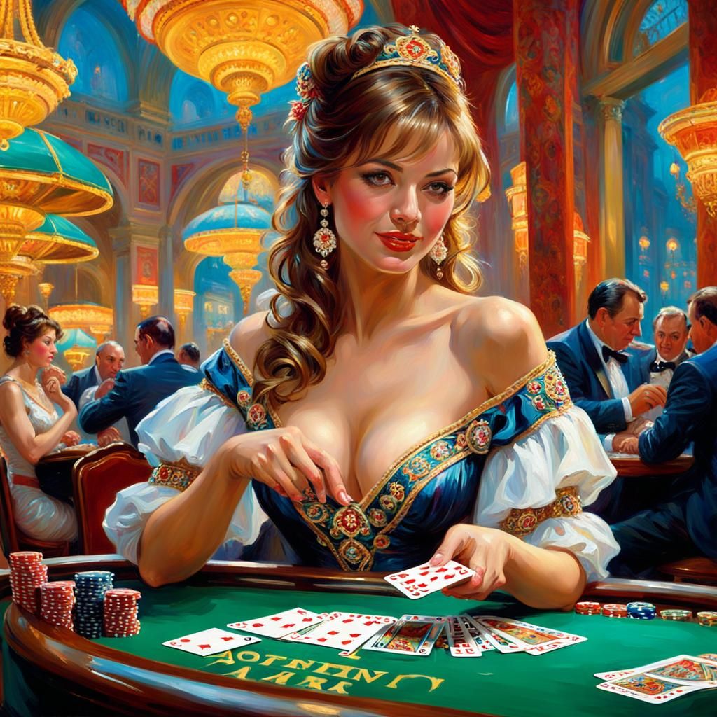 Beautiful flirtatious risqué oppai female gambler holding poker cards. Vibrant atmospheric casino in background.   Danie...