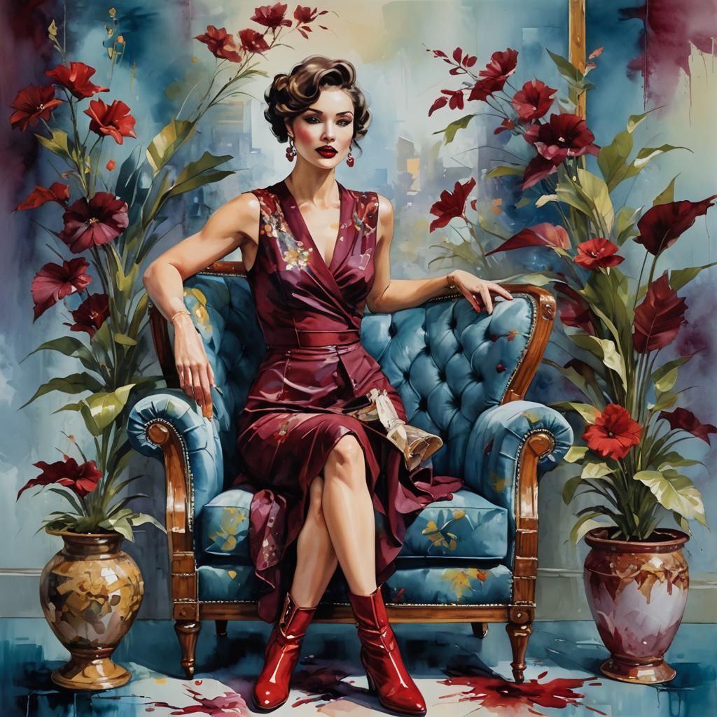 a Young woman sitting elegantly on floral-patterned armchair