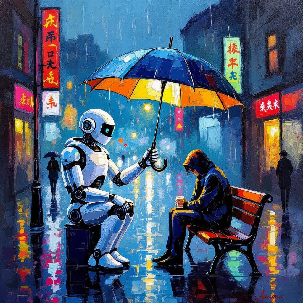 Robot Offers Drink to Human on Rainy Street in Van Gogh Styl...