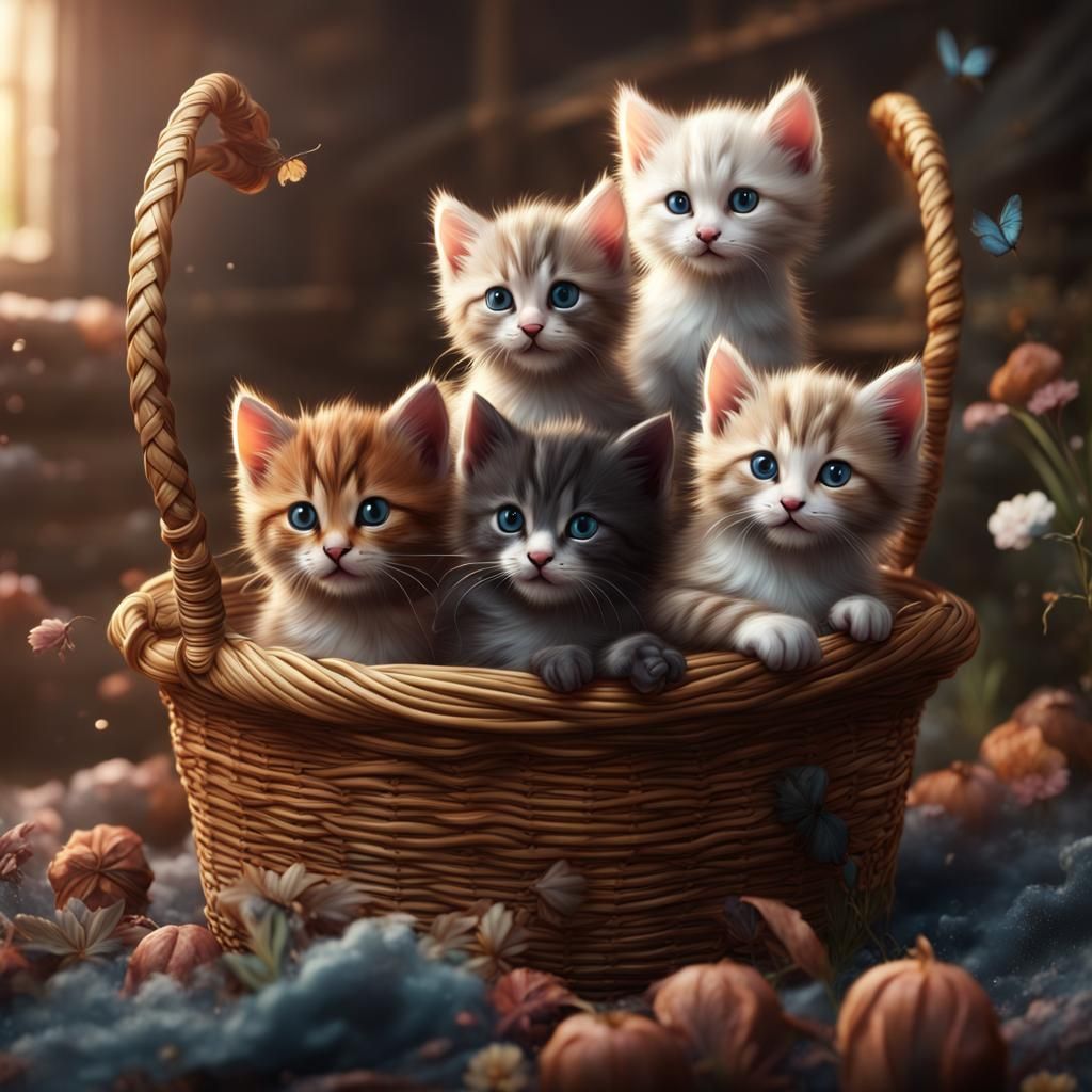 Cute Kittens in Basket: Fantasy Concept Art