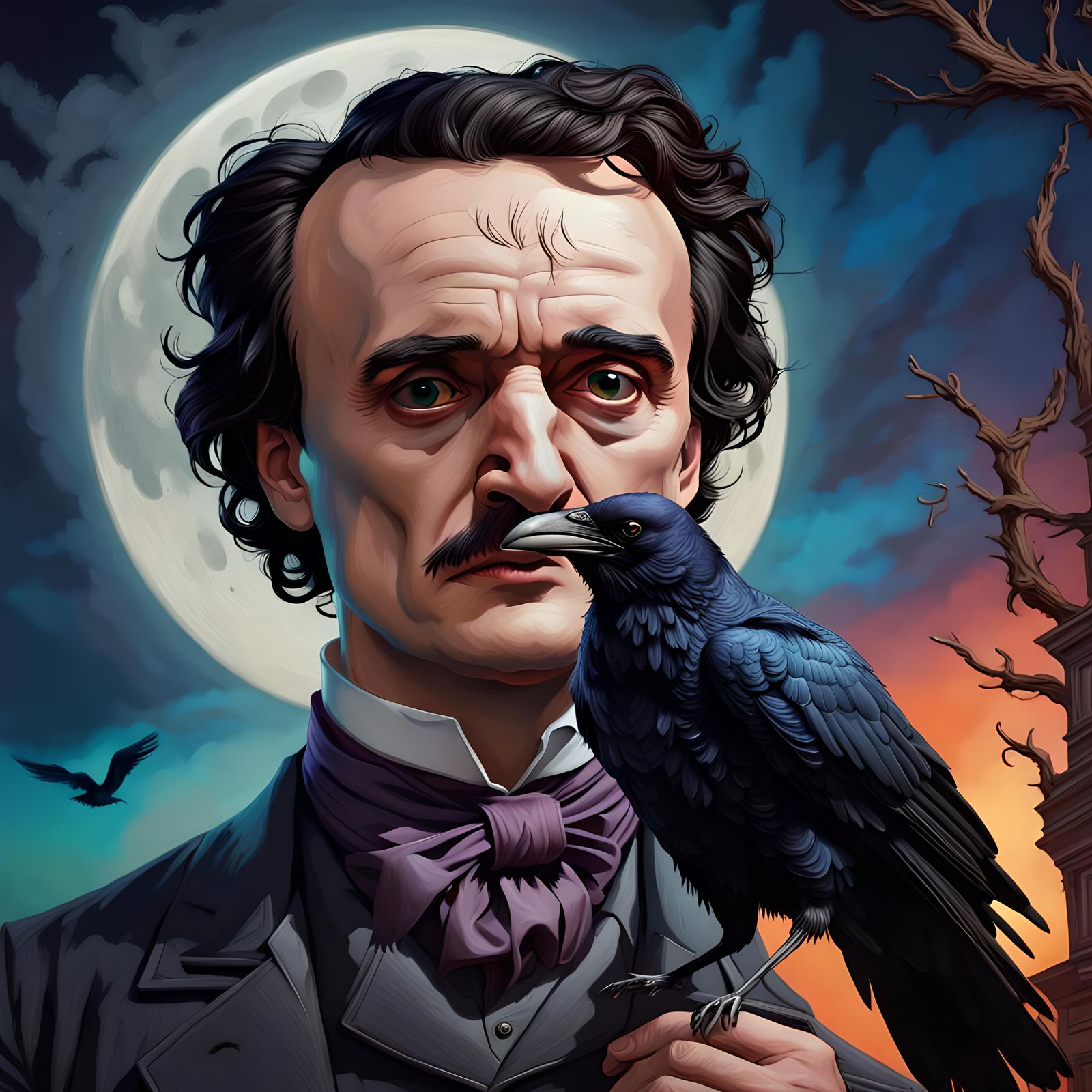 Hyperrealistic Edgar Allen Poe with Raven