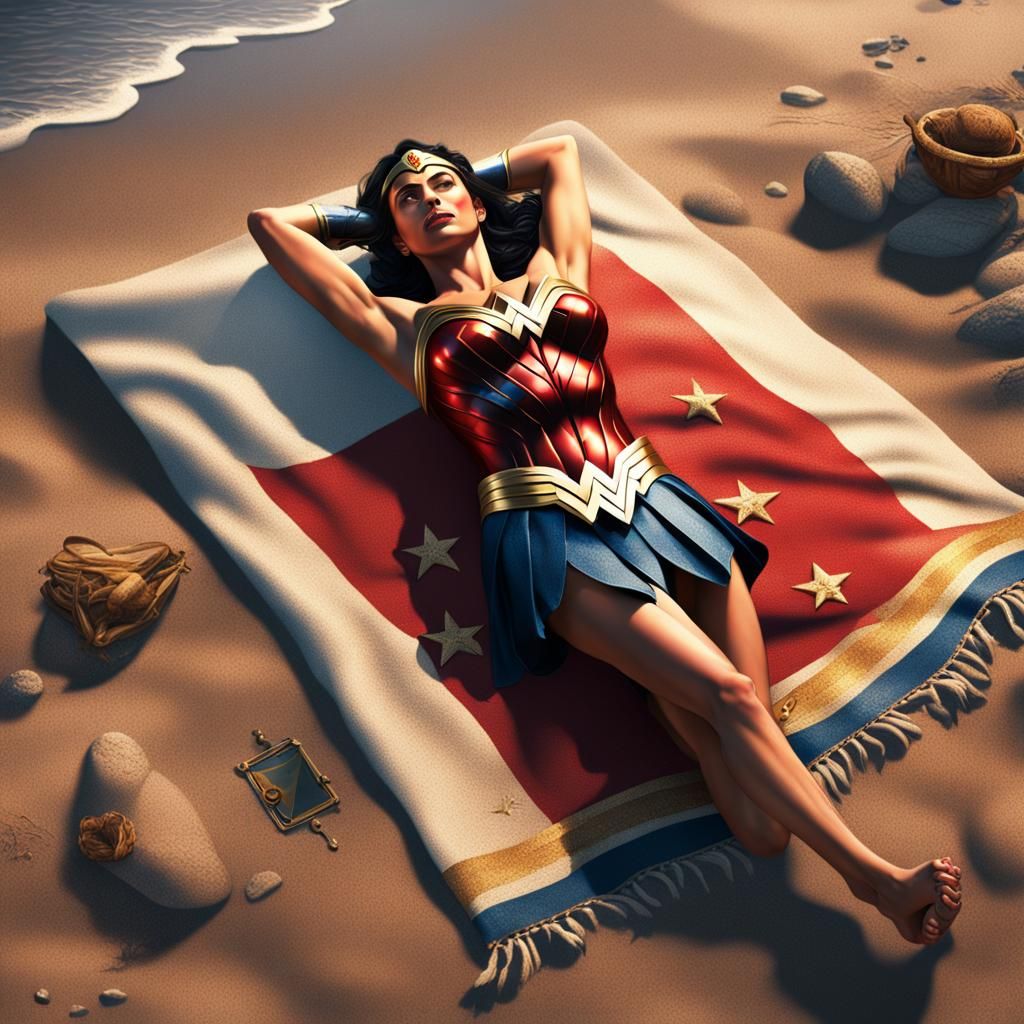 Wonder Woman Sunbathing: Realistic Beach Painting