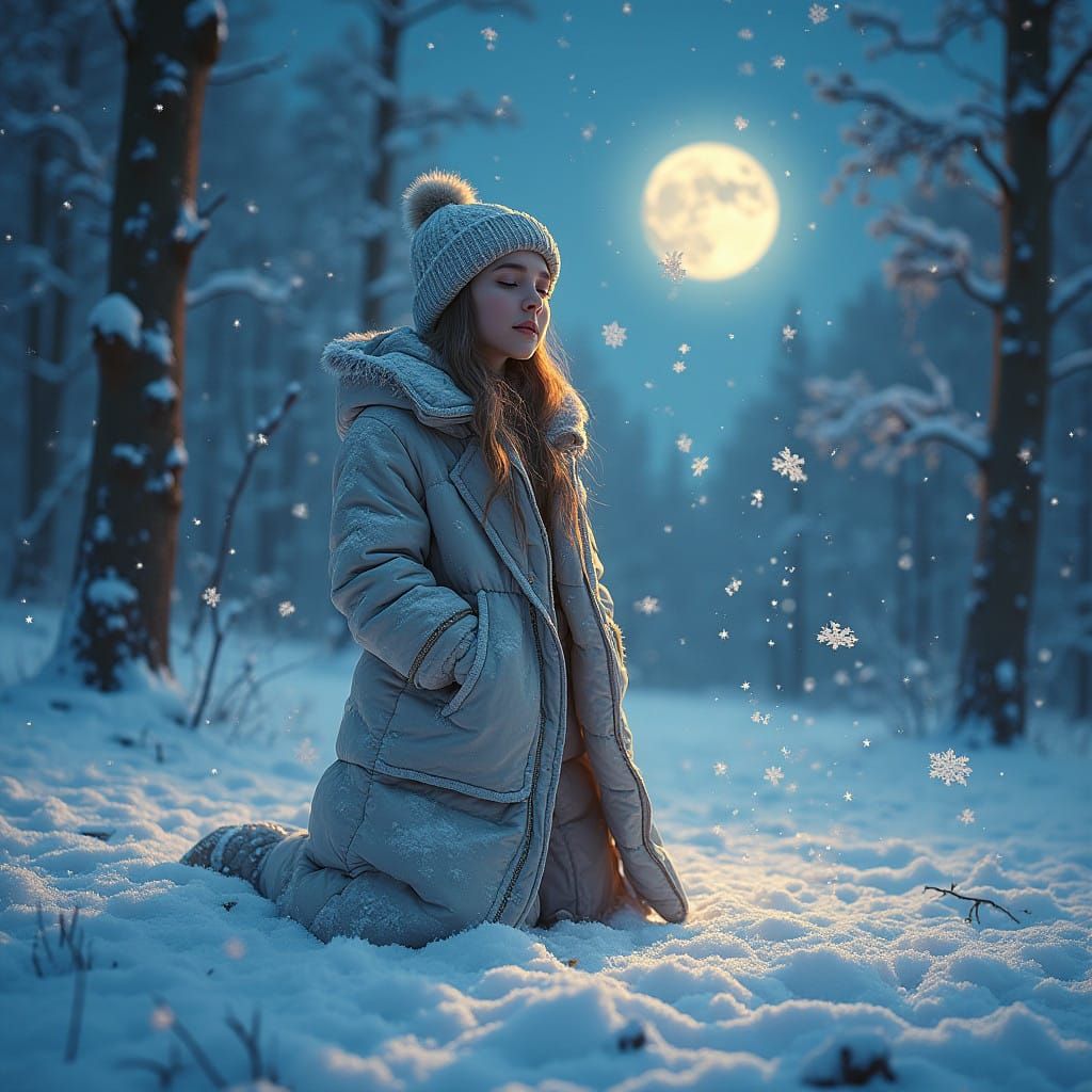 Snow Angels Under Starry Winter Night Sky
