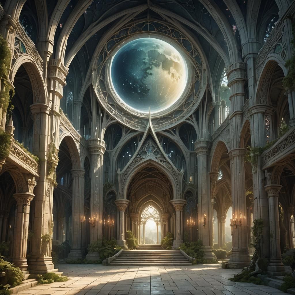 Fantasy Elven Temple Interior: Illusion and Moonlight